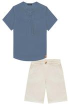 Conjunto Roupa Infantil Masculino Camisa Em Linho e Bermuda Em Sarja Moderno Confortável LucBoo