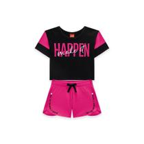 Conjunto Roupa Infantil Menina Blusa Estampa Happen + Short Confortável Versátil Verão Kyly