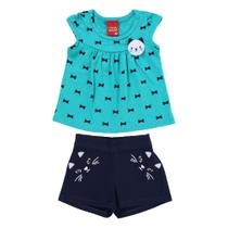 Conjunto Roupa Infantil Menina Blusa Manga Curta + Short Estampado Gatinha Conforto Leve kyly