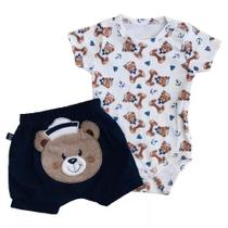 Conjunto Roupa Infantil Menino Body Estampado + Short Suedine Confortável Fresquinho Ursinho Upi Uli
