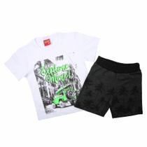 Conjunto Roupa Infantil Menino Camiseta Estampa Explore + Bermuda Em Moletom Moda Praia Kyly