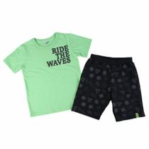 Conjunto Roupa Infantil Menino Camiseta Estampa Ride The Waves + Bermuda Em Moletom Kookabu