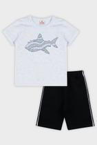 Conjunto Roupa Infantil Menino Camiseta Estampa Tubarão + Bermuda Em Moletinho Verão Brandili