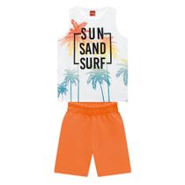 Conjunto Roupa Infantil Menino Regata Em Algodão + Bermuda Moda Praia Sun Sand Surf Leve
