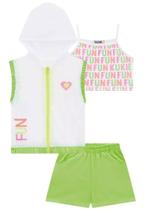 Conjunto Roupa Infantil Trio De Top Cropped Malha Power Colete Em Tela e Shorts Em Nylon Kukiê