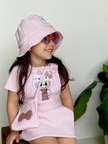 Conjunto Roupa Jardineira Estampada Blusa Chapéu Bolsa