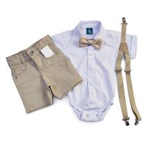 Conjunto Roupa Menino Bebê Batizado Casamento - Camisa Branca e Bermuda Bege