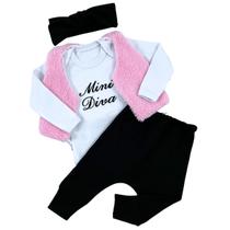 Conjunto Roupa Moda Blogueirinha Bebe Frio Menina Colete Body Manga Longa Calça Faixa Inverno Mini Diva Bordado c19355