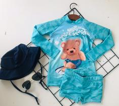 Conjunto Roupa Sunga + Blusa Manga Longa Infantil UV 50+ Praia Piscina Ursinho Marujos e Sereias