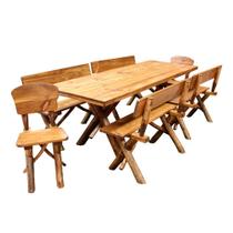 Conjunto Rústico de Mesa 2,2m e 4 Bancos e 2 Cadeiras Madeira Maciça Pinus - Mesas Para Churrasco