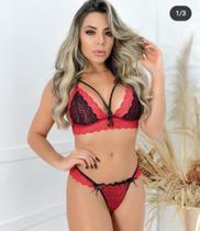 Conjunto S/ Bojo Strappy Preto C/ Vermelho