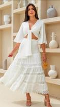 Conjunto saia c/ renda e cropped amarração off white viscolinho 55%linho 45%viscose