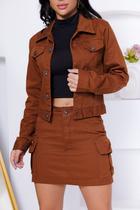 Conjunto Saia Cargo e Jaqueta Jeans Marrom Moda Blogueira
