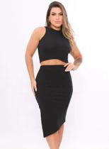 Conjunto saia cintura alta com fenda lateral midi cropped sem bojo