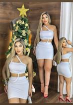 Conjunto Saia Curta + Blusa Cropped Com Detalhe Em Strass Colantes Elegante fashion Branco