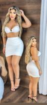 Conjunto Saia Curta + Blusa Cropped Frente única Com Bojo Moda Feminina Branco