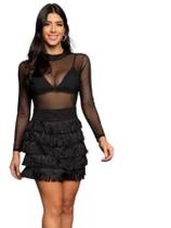 Conjunto Saia Curta De Franja E Body Tule Manga Longa preto - M