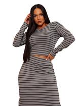 Conjunto Saia e Cropped 3d Fenda Malha Canelada Listrada Conjunto Saia e Cropped 3d Fenda Malha Canelada Listrada
