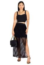 Conjunto Saia e Cropped de Renda com Fenda Lateral Preto