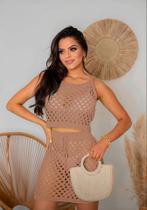 Conjunto Saia E Cropped Rendado Tricot Saída De Praia Verão