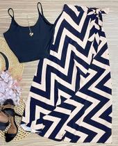 Conjunto Saia Envelope Transpassada E Cropped Fashion Moda Verão top Gola Alta 2622.2511