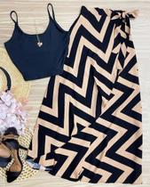 Conjunto Saia Envelope Transpassada E Cropped Fashion Moda Verão top Gola Alta 2622.2511