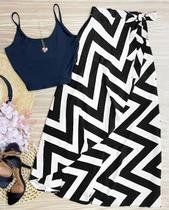 Conjunto Saia Envelope Transpassada E Cropped Fashion Moda Verão top Gola Alta 2622.2511