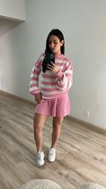 Conjunto Saia Godê Curta Blusa Listras Manga Bufante Tricot Cor:Rosa Bebê/BrancoTamanho:36-42 Conjunto Saia Godê Curta Blusa Listras Manga Bufante Tricot Cor:Rosa Bebê/BrancoTamanho:36-42
