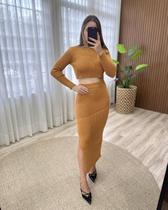 Conjunto Saia Longa e Cropped Canelado Tricot Modal Inverno