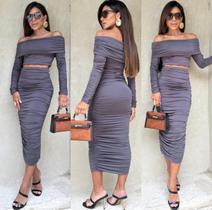 Conjunto Saia Midi Blusa Manga Longa Ombro A Ombro Poliamida