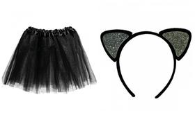 Conjunto Saia Tule Adulto Com Tiara Fantasia Gatinho Preto