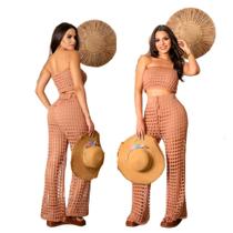 Conjunto Saída De Praia Calça E Cropped Em Tricot Verão