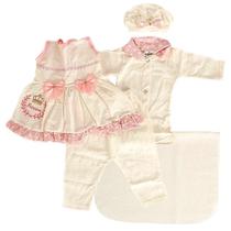 Conjunto Saida Maternidade Neném Menina Bege e Rosa 5PÇS - Cegonha Reborn Dolls