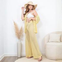 Conjunto Saída Praia Tricot Croche Camisa e Calça Moda Verão Cor:Amarelo Manteiga PastelTamanho:G