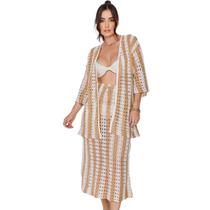 Conjunto Saída Praia Tricot Rendado Furadinho Croche Kimono Calça Verão Tendência Moda Blogueira