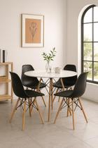 Conjunto Sala Cozinha Jantar Mesa Eiffel 90cm MDF Cor Beanco com 04 Cadeiras Eiffel Eames Cor Preto