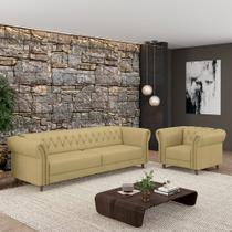 Conjunto Sala de Estar 1 Sofá Living 180cm e 1 Poltrona Stanford Chesterfield Pés Madeira Couro Bege G58 - Gran Belo