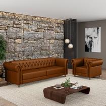 Conjunto Sala de Estar 1 Sofá Living 180cm e 1 Poltrona Stanford Chesterfield Pés Madeira Couro Conhaque G58 Gran Belo