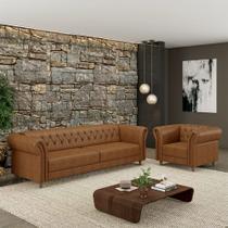 Conjunto Sala de Estar 1 Sofá Living 180cm e 1 Poltrona Stanford Chesterfield Pés Madeira Couro Mel Manchado G58 - Gran Belo Conjunto Sala de Estar 1 Sofá Living 180cm e 1 Poltrona Stanford Chesterfield Pés Madeira Couro Mel Manchado G58 - Gran Belo