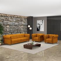 Conjunto Sala de Estar 1 Sofá Living 200cm e 2 Poltronas Stanford Chesterfield Pés Madeira Couro Mel G58 - Gran Belo