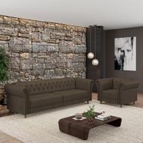 Conjunto Sala de Estar 1 Sofá Living 220cm e 1 Poltrona Stanford Chesterfield Pés Madeira Couro Capuccino G58 - Gran Belo Conjunto Sala de Estar 1 Sofá Living 220cm e 1 Poltrona Stanford Chesterfield Pés Madeira Couro Capuccino G58 - Gran Belo