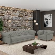 Conjunto Sala de Estar 1 Sofá Living 220cm e 1 Poltrona Stanford Chesterfield Pés Madeira Couro Cinza G58 - Gran Belo