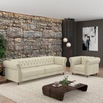 Conjunto Sala de Estar 1 Sofá Living 220cm e 1 Poltrona Stanford Chesterfield Pés Madeira Couro Off White G58 - Gran Belo Conjunto Sala de Estar 1 Sofá Living 220cm e 1 Poltrona Stanford Chesterfield Pés Madeira Couro Off White G58 - Gran Belo