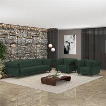 Conjunto Sala de Estar 1 Sofá Living 220cm e 2 Poltronas Stanford Chesterfield Pés Madeira material sintético G58 - Gran Belo