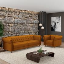 Conjunto Sala de Estar 1 Sofá Living 240cm e 1 Poltrona Stanford Chesterfield Pés Madeira Couro Mel G58 - Gran Belo