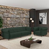 Conjunto Sala de Estar 1 Sofá Living 240cm e 1 Poltrona Stanford Chesterfield Pés Madeira material sintético G58 - Gran Belo