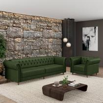 Conjunto Sala de Estar 1 Sofá Living 240cm e 1 Poltrona Stanford Chesterfield Pés Madeira material sintético Manchado G58 - Gran Belo