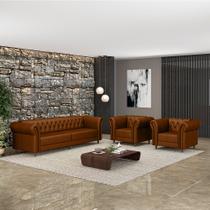 Conjunto Sala de Estar 1 Sofá Living 240cm e 2 Poltronas Stanford Chesterfield Pés Madeira Couro Conhaque G58 Gran Belo Conjunto Sala de Estar 1 Sofá Living 240cm e 2 Poltronas Stanford Chesterfield Pés Madeira Couro Conhaque G58 Gran Belo