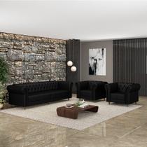 Conjunto Sala de Estar 1 Sofá Living 240cm e 2 Poltronas Stanford Chesterfield Pés Madeira Couro Preto Brilho G58 - Gran Belo Conjunto Sala de Estar 1 Sofá Living 240cm e 2 Poltronas Stanford Chesterfield Pés Madeira Couro Preto Brilho G58 - Gran Belo