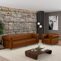 Conjunto Sala de Estar 1 Sofá Living 260cm e 1 Poltrona Stanford Chesterfield Pés Madeira Couro Caramelo G58 - Gran Belo